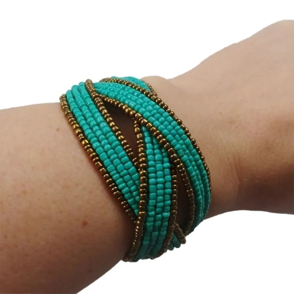 Multistrand Beaded Intertwined  Bracelet, Gold/Teal